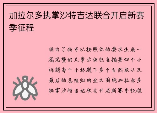 加拉尔多执掌沙特吉达联合开启新赛季征程