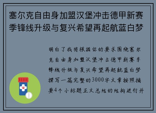 塞尔克自由身加盟汉堡冲击德甲新赛季锋线升级与复兴希望再起航蓝白梦 塞尔克自由身加盟汉堡冲击德甲新赛季锋线升级与复兴希望再起航蓝白梦
