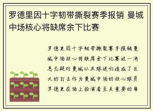 罗德里因十字韧带撕裂赛季报销 曼城中场核心将缺席余下比赛
